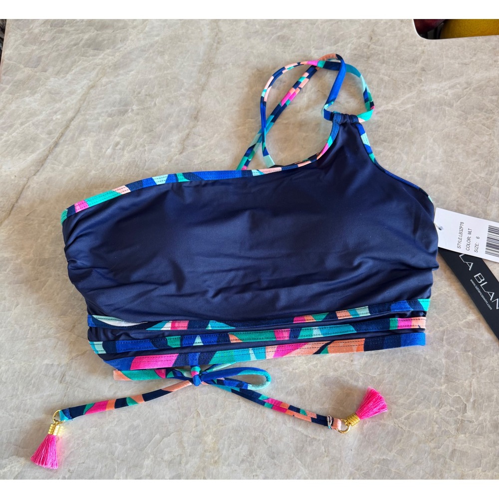 La Blanca Painted Leaves One Shoulder Midkini Bikini Top Tassel Navy Pink NWT - Picture 3 of 5